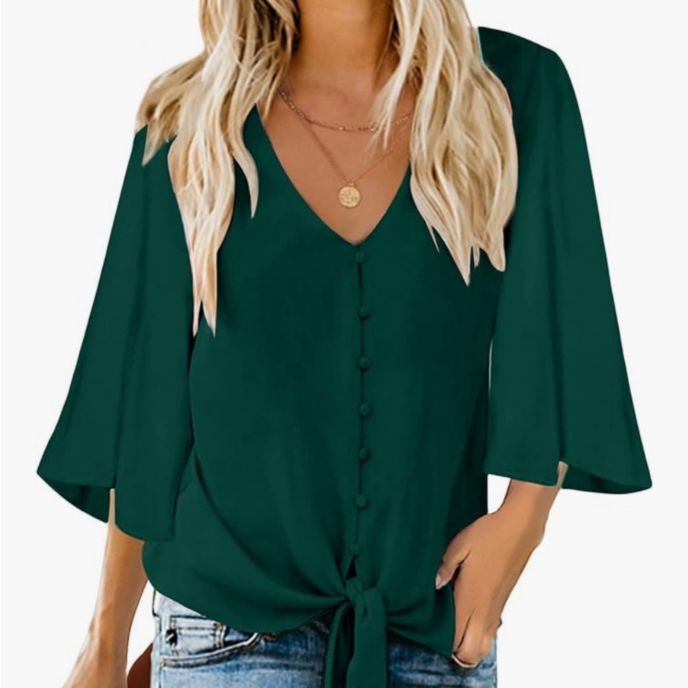 Utyful Blouse  Women’s V-Neck 3/4 Tie Knot Bell Sleeve  Button Down Green Medium